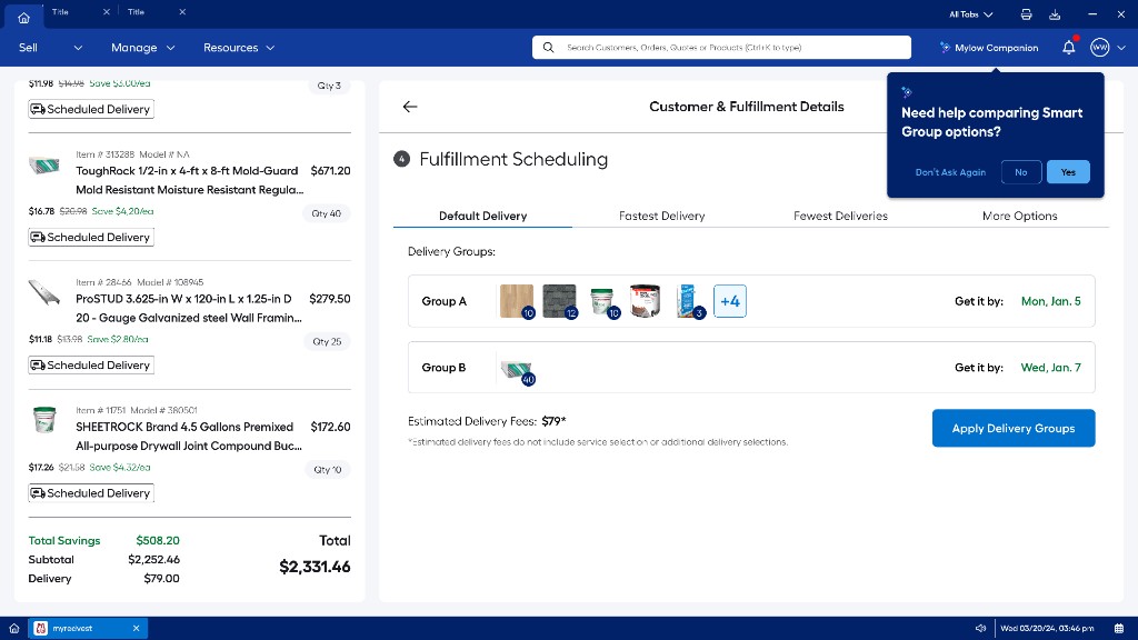 Contextual AI prompt asking if associate needs help comparing Smart Group options after browsing tabs
