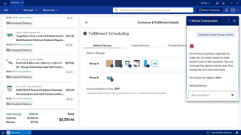 Mylow Companion chat panel explaining Smart Group delivery options