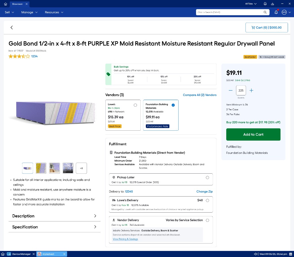Product detail page showing Pro Extended Aisle vendor selection, fulfillment options, and View Pricing and Savings link