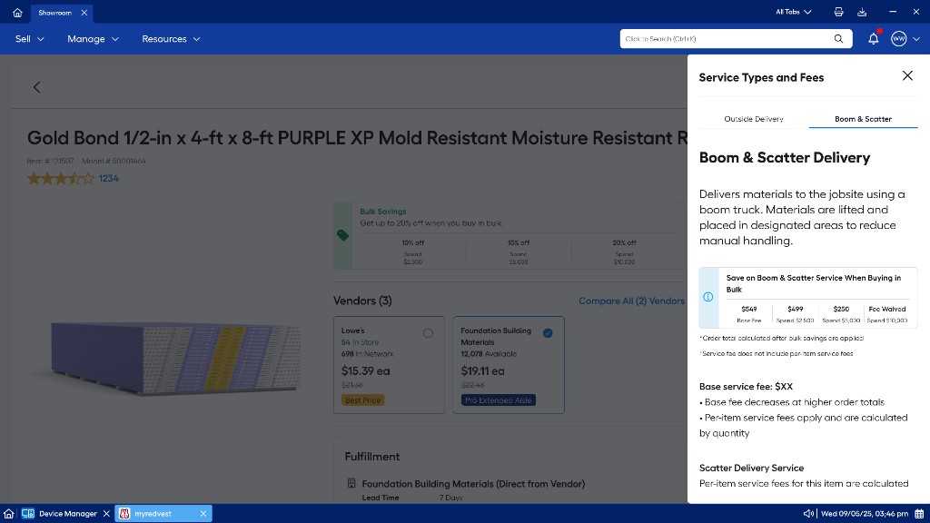 Service Types and Fees drawer showing Boom and Scatter delivery pricing tiers