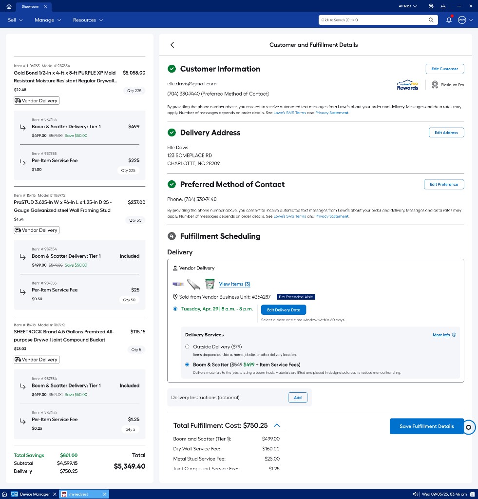 Checkout fulfillment scheduling with Boom and Scatter delivery selected and itemized fee breakdown